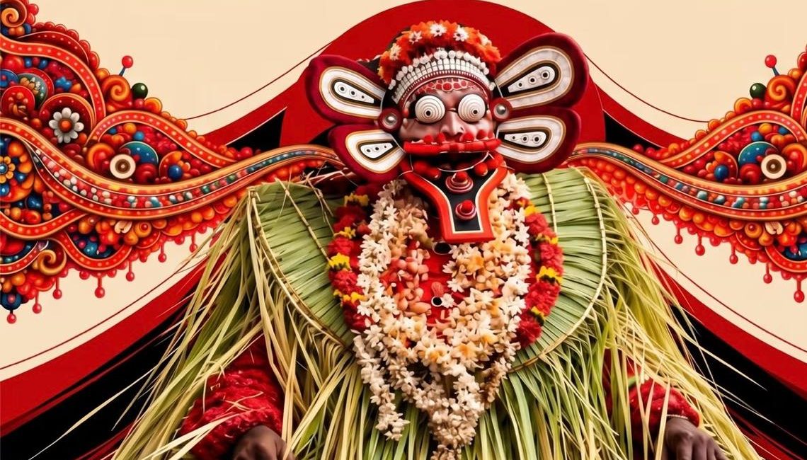 Theyyam performer in a palm-leaf and flower costume