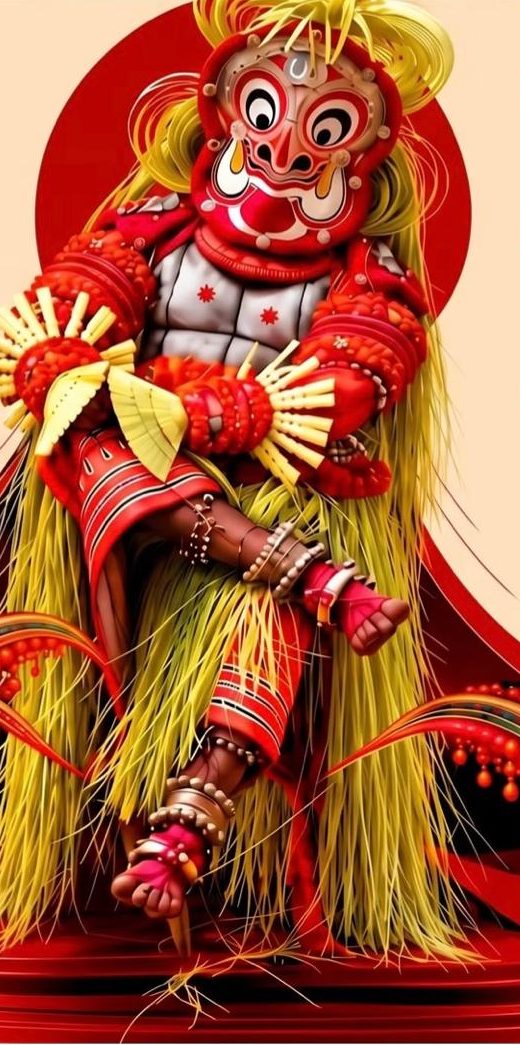 Theyyam performer in a red mask and palm-frond costume