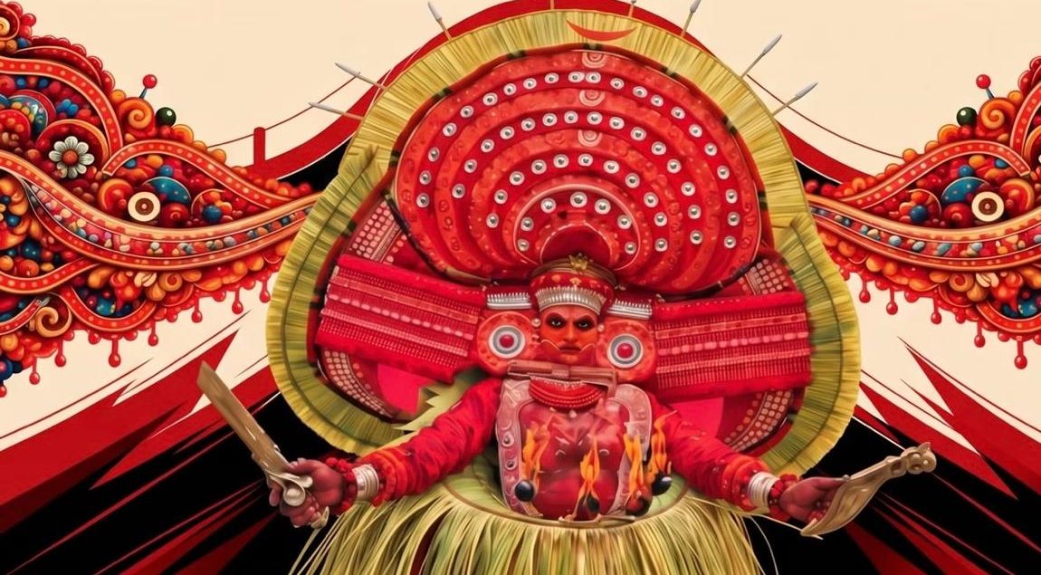 Theyyam performer with a red crown holding swords